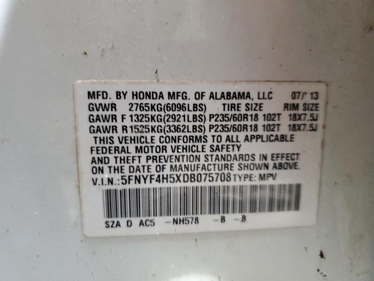 2013 Honda Pilot VIN 5FNYF4H5XDB075708 Copart auction photo, all over damage thumbnail 14