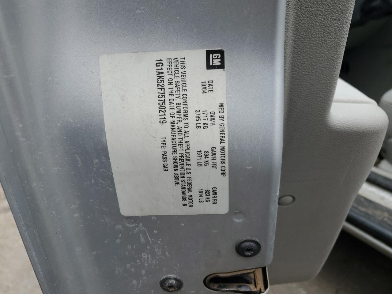 2005 Chevrolet Cobalt VIN 1G1AK52F757502119 Copart auction photo, rear end / front end damage thumbnail 12