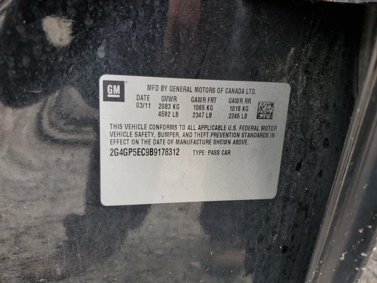 2011 Buick Regal VIN 2G4GP5EC9B9178312 Copart auction photo, front end / minor dent/scratches damage thumbnail 13