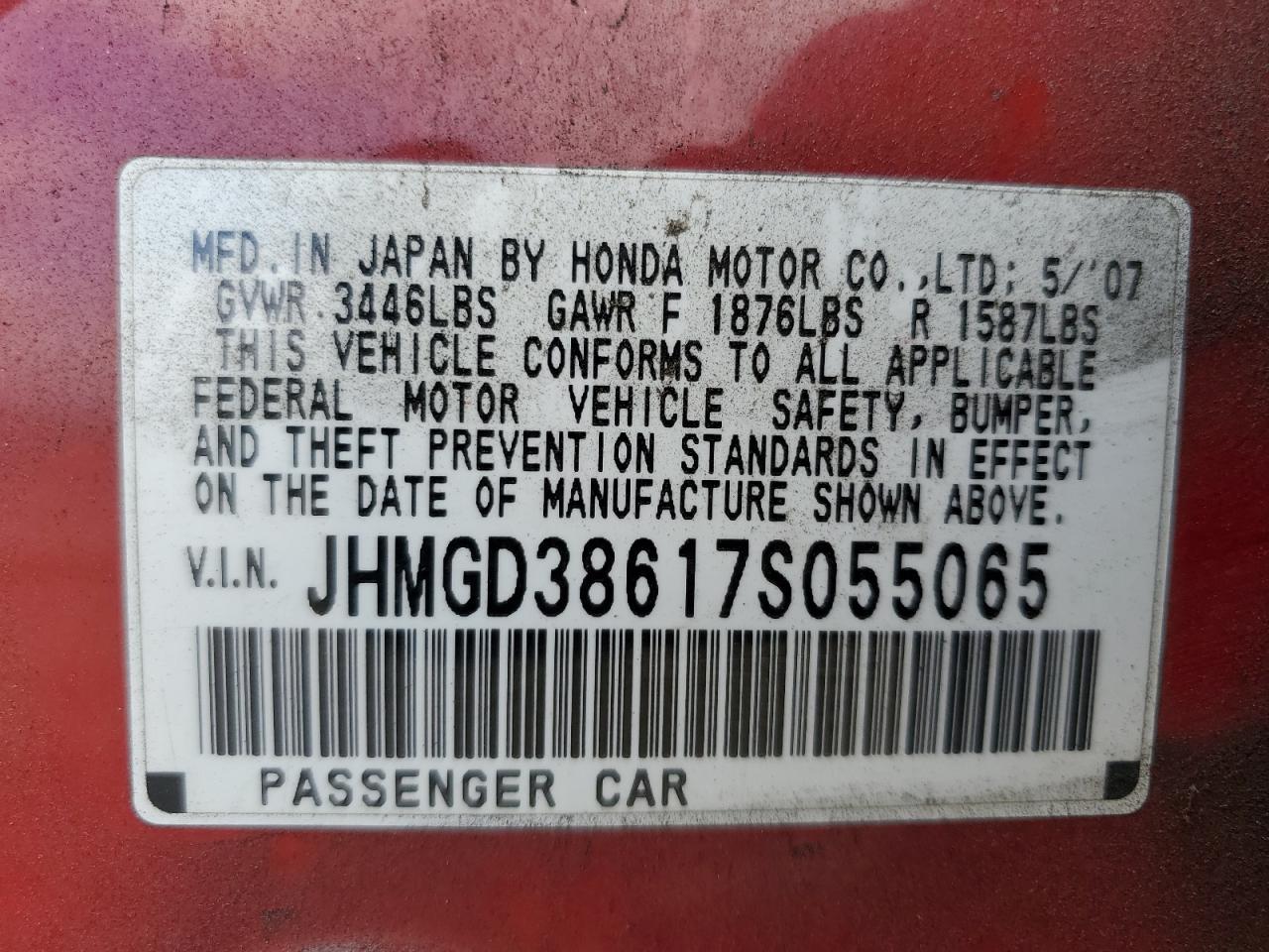 2007 Honda Fit VIN JHMGD38617S055065 Copart auction photo, front end damage thumbnail 14