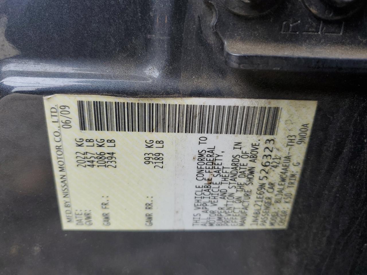 2009 Nissan Altima VIN 1N4BL21E69N526323 Copart auction photo, rear end / minor dent/scratches damage thumbnail 12