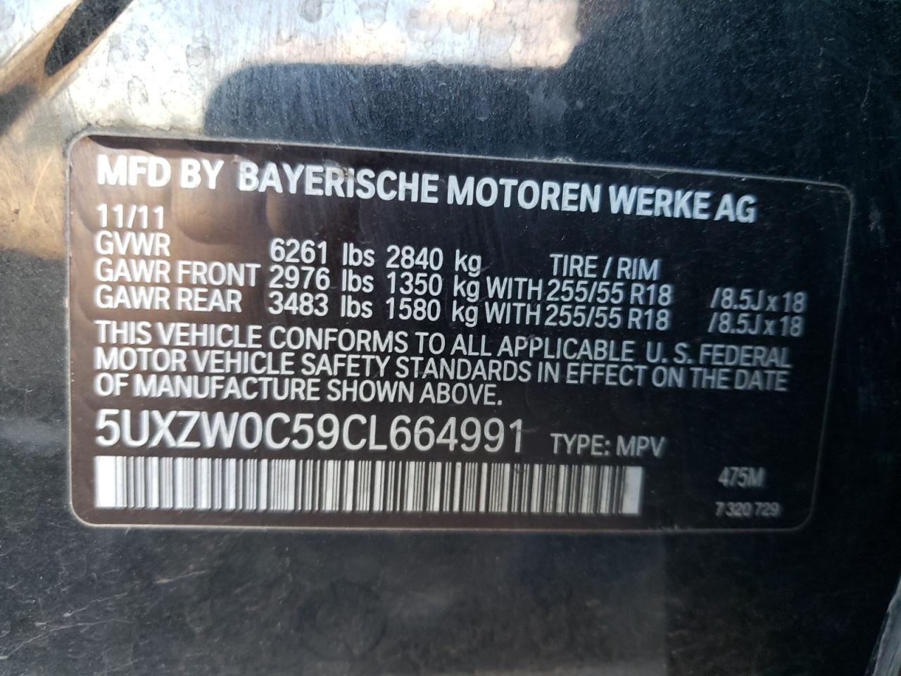 2012 BMW X5 VIN 5UXZW0C59CL664991 Copart auction photo, top/roof damage thumbnail 13