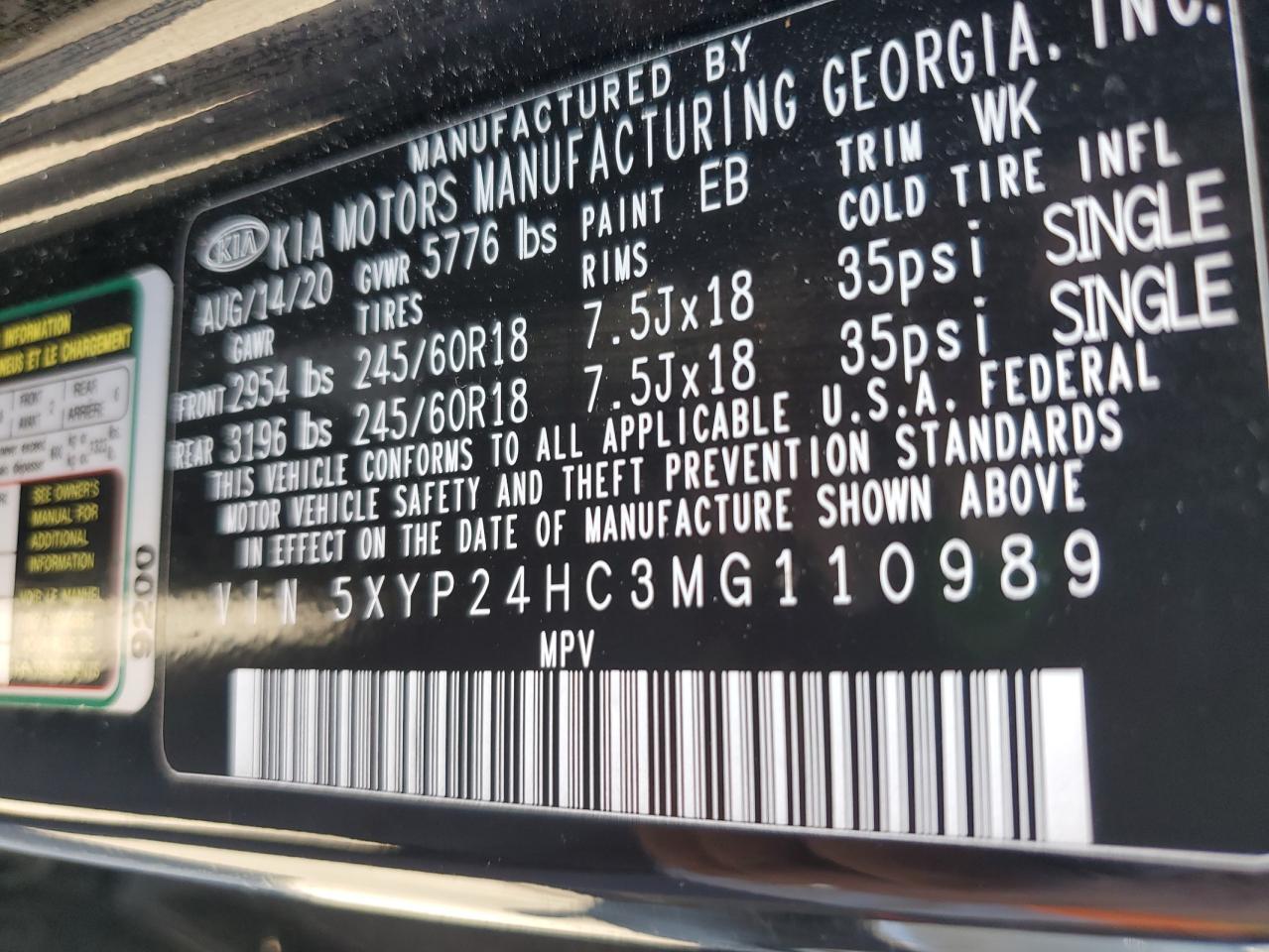 2021 KIA Telluride VIN 5XYP24HC3MG110989 Copart auction photo, biohazard/chemical / all over damage thumbnail 14