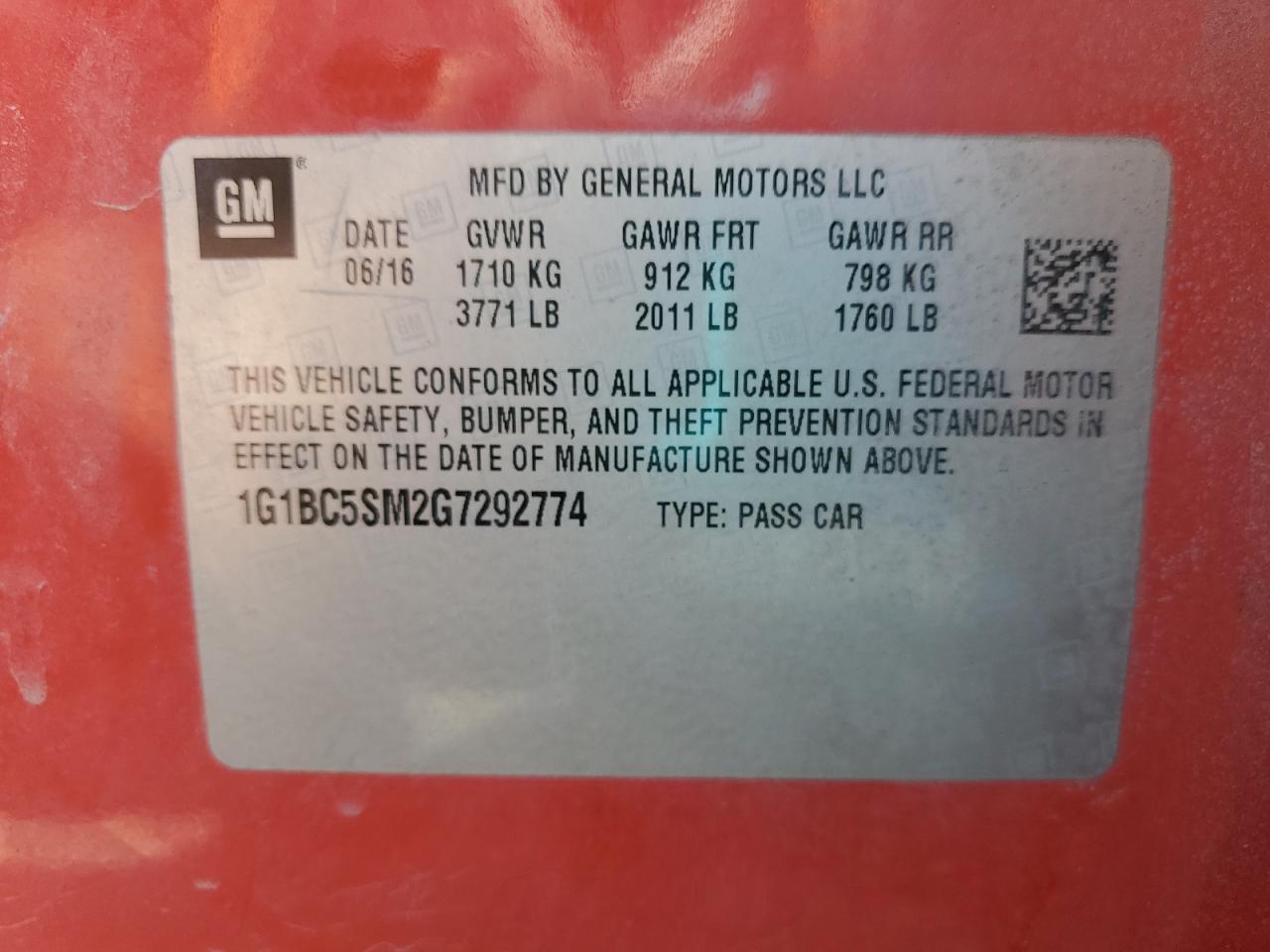 2016 Chevrolet Cruze VIN 1G1BC5SM2G7292774 Copart auction photo, front end damage thumbnail 12