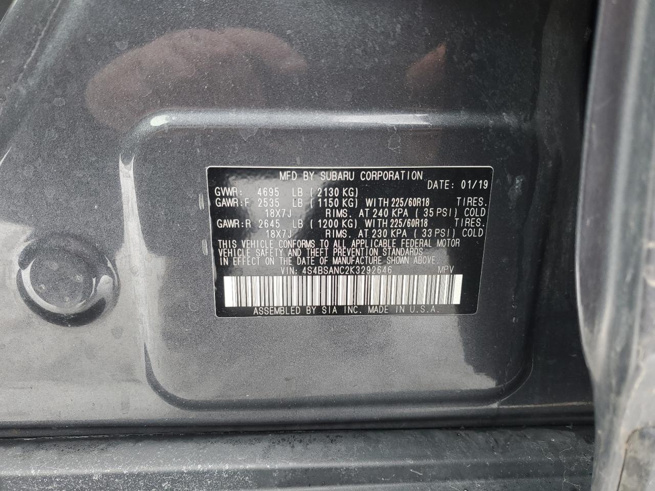 2019 Subaru Outback VIN 4S4BSANC2K3292646 Copart auction photo, front end damage thumbnail 14