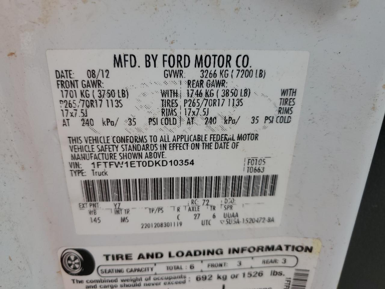 2013 Ford F-150 VIN 1FTFW1ET0DKD10354 Copart auction photo, rear end / front end damage thumbnail 12