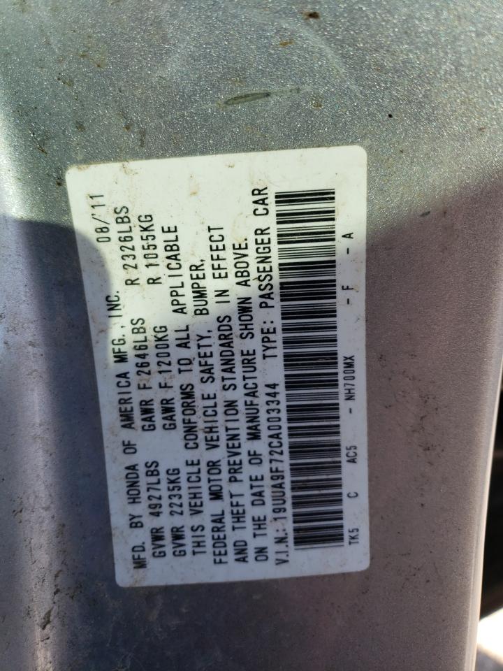 2012 Acura TL VIN 19UUA9F72CA003344 Copart auction photo, front end / minor dent/scratches damage thumbnail 13