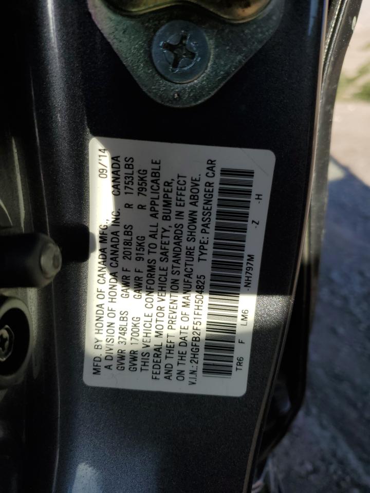 2015 Honda Civic VIN 2HGFB2F51FH504825 Copart auction photo, side / rear end damage thumbnail 14