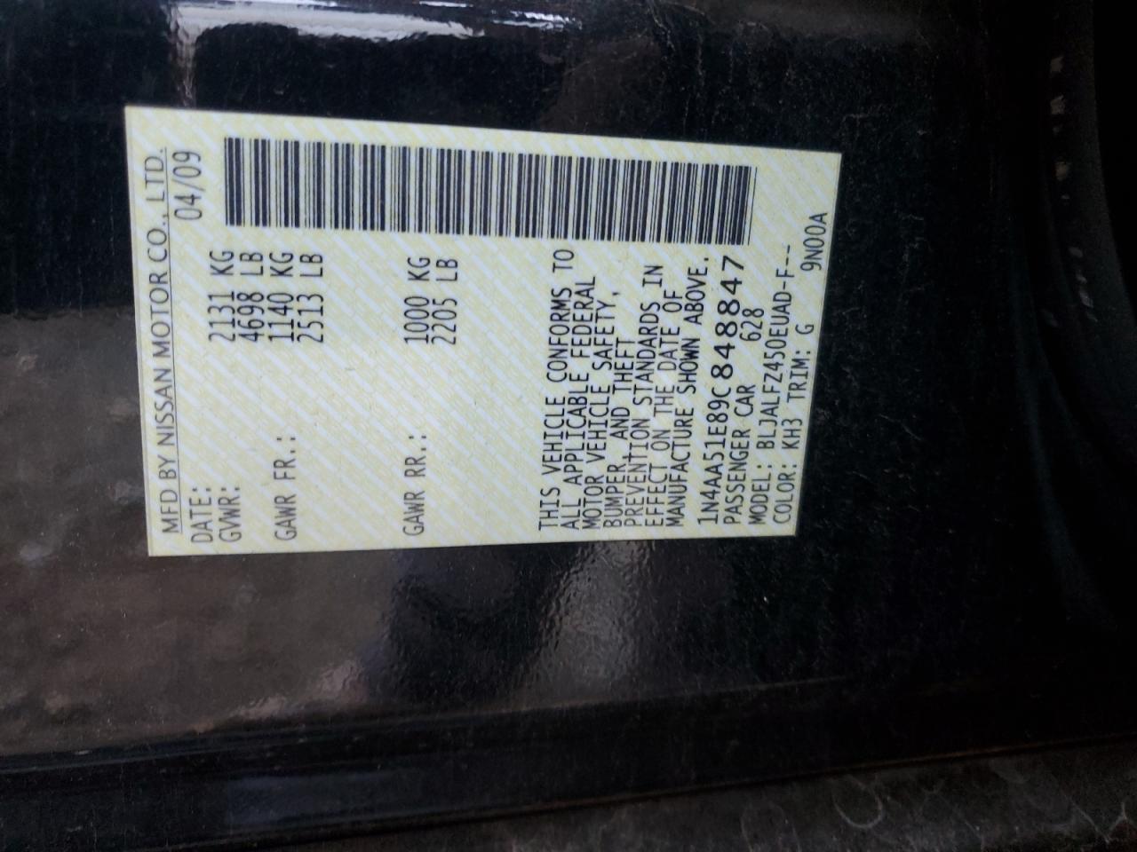 2009 Nissan Maxima VIN 1N4AA51E89C848847 Copart auction photo, front end damage thumbnail 13