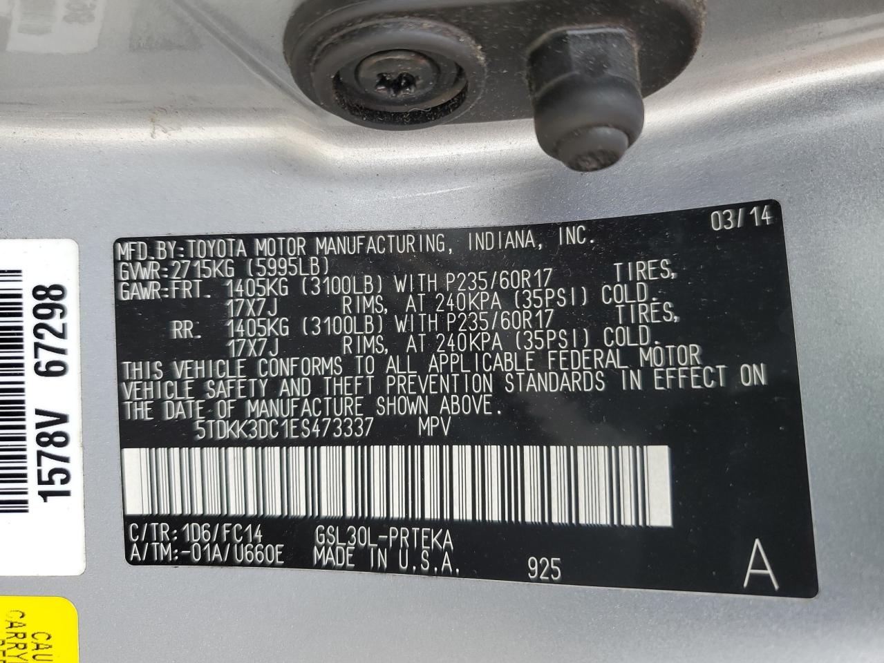 2014 Toyota Sienna VIN 5TDKK3DC1ES473337 Copart auction photo, side / rear end damage thumbnail 15