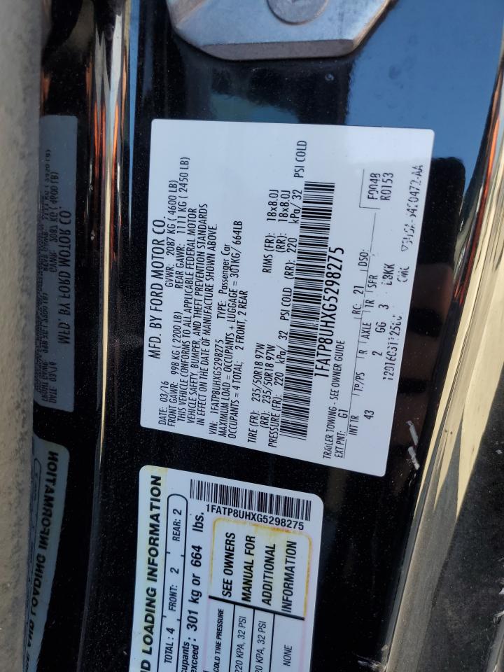 2016 Ford Mustang VIN 1FATP8UHXG5298275 Copart auction photo, front end / undercarriage damage thumbnail 15
