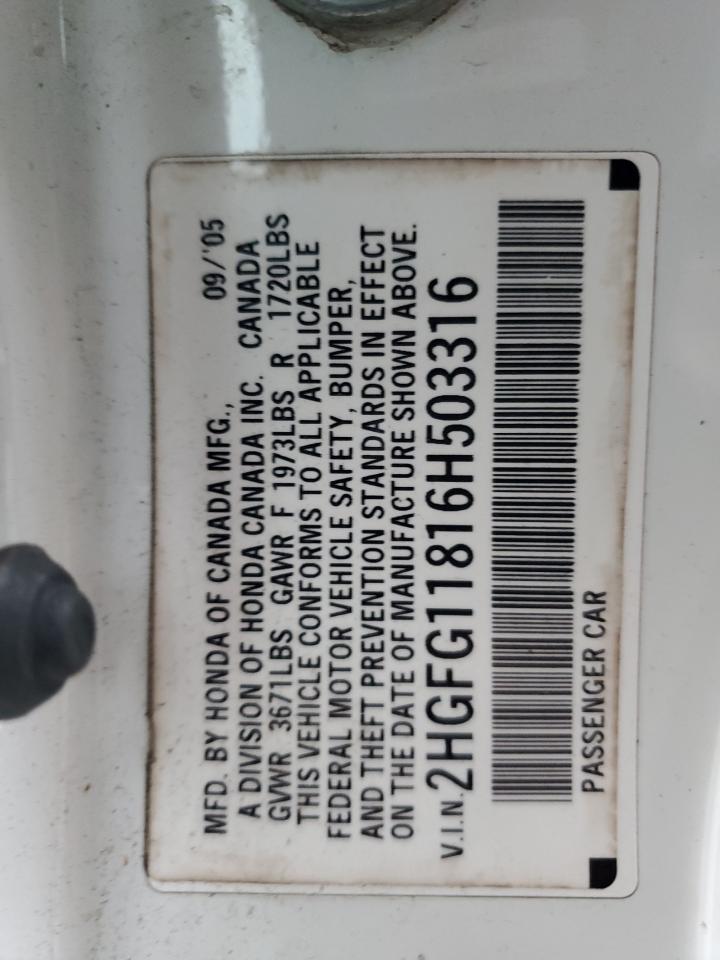 2006 Honda Civic VIN 2HGFG11816H503316 Copart auction photo, front end / side damage thumbnail 14
