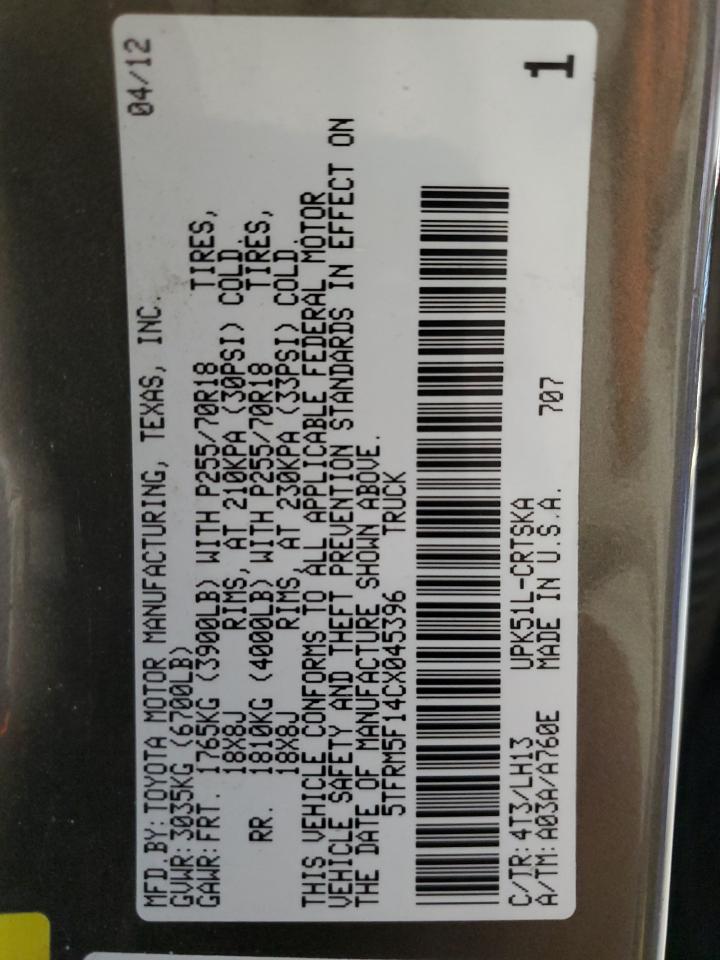 2012 Toyota Tundra VIN 5TFRM5F14CX045396 Copart auction photo, side / minor dent/scratches damage thumbnail 12