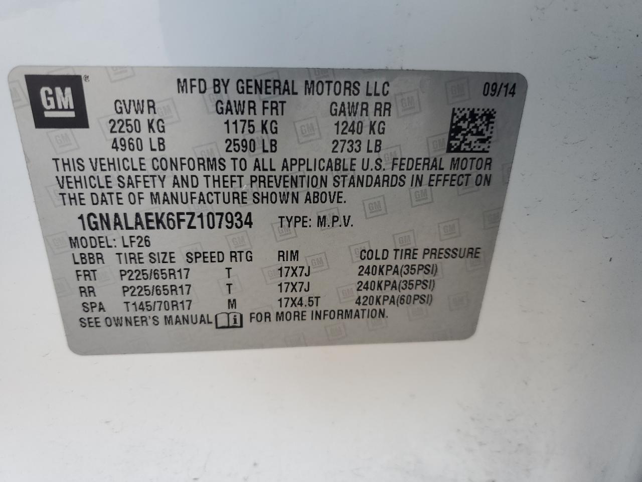 2015 Chevrolet Equinox VIN 1GNALAEK6FZ107934 Copart auction photo, front end / rear end damage thumbnail 15