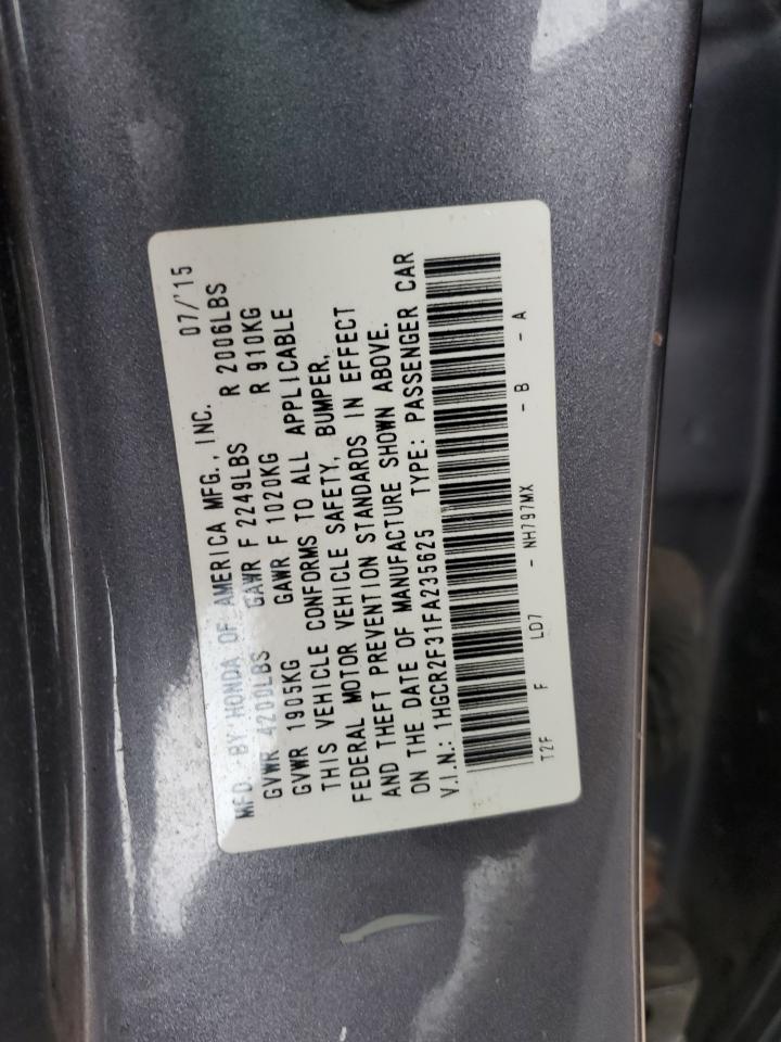 2015 Honda Accord VIN 1HGCR2F31FA235625 Copart auction photo, rear end / side damage thumbnail 14