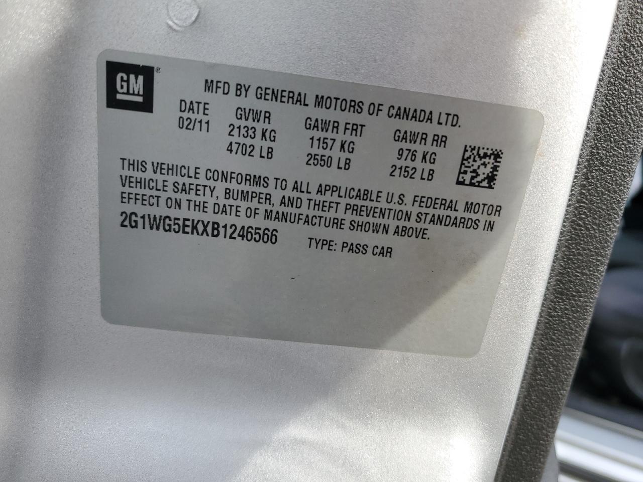 2011 Chevrolet Impala VIN 2G1WG5EKXB1246566 Copart auction photo, front end damage thumbnail 14