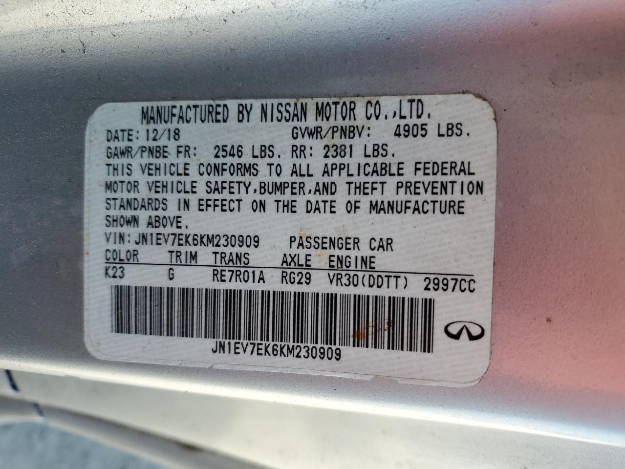 2019 Infiniti Q60 VIN JN1EV7EK6KM230909 Copart auction photo, rollover damage thumbnail 13