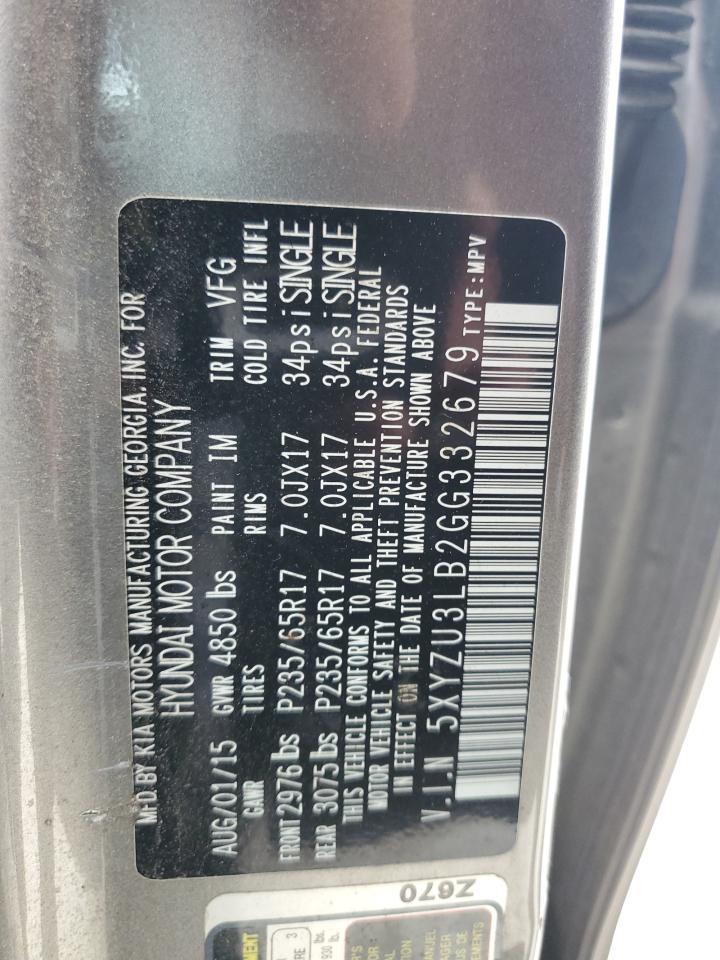 2016 Hyundai Santa Fe VIN 5XYZU3LB2GG332679 Copart auction photo, biohazard/chemical / front end damage thumbnail 12