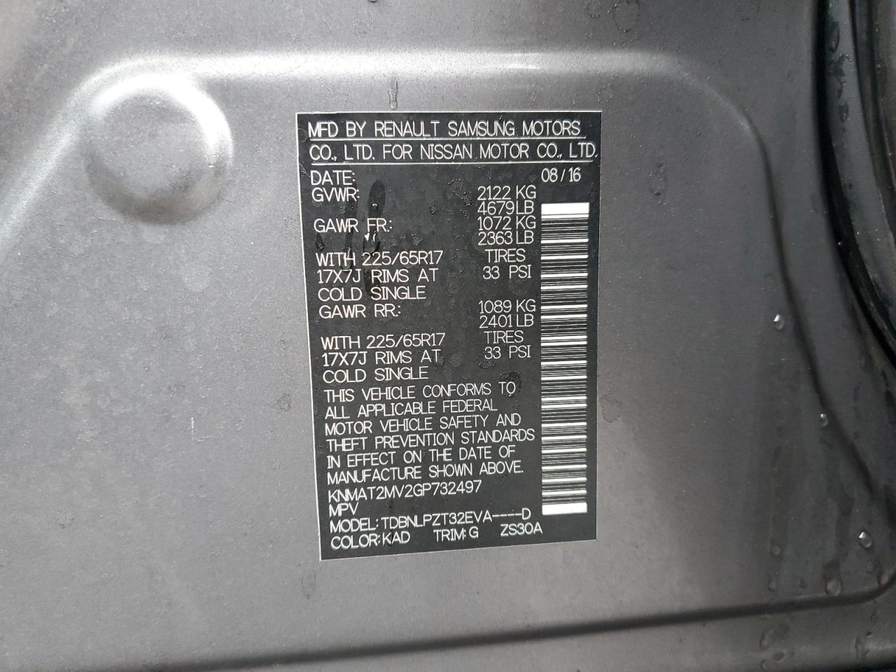2016 Nissan Rogue VIN KNMAT2MV2GP732497 Copart auction photo, front end / side damage thumbnail 13