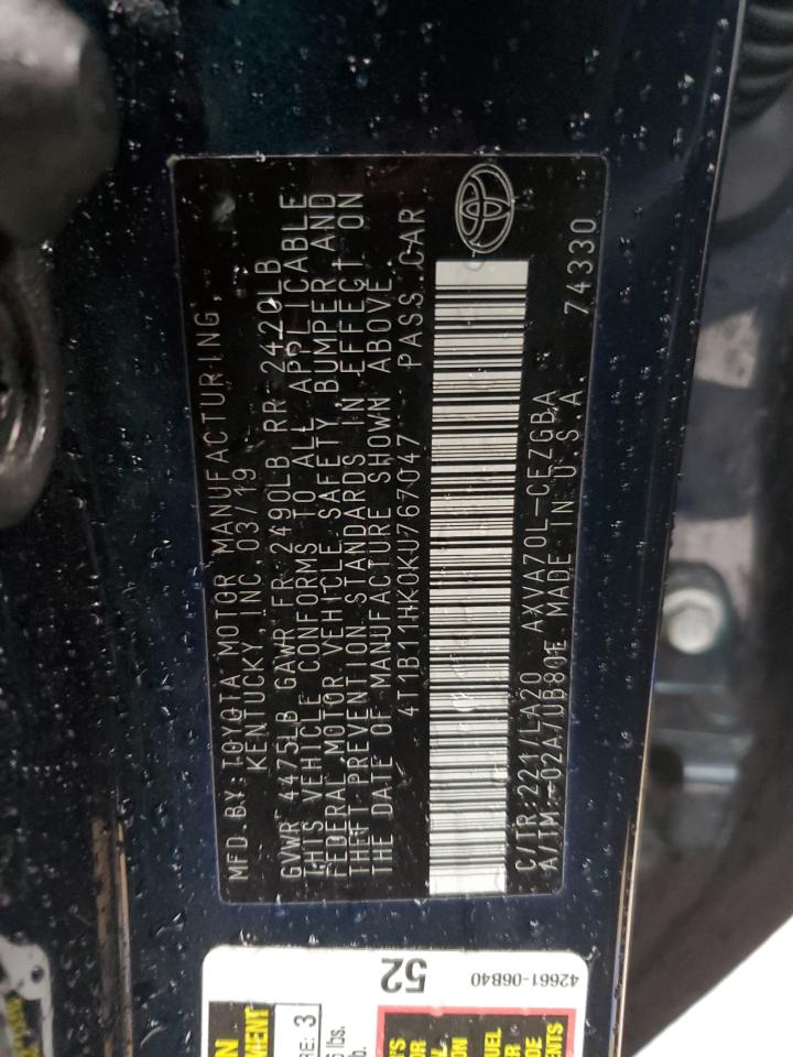 2019 Toyota Camry VIN 4T1B11HK0KU767047 Copart auction photo, front end damage thumbnail 12