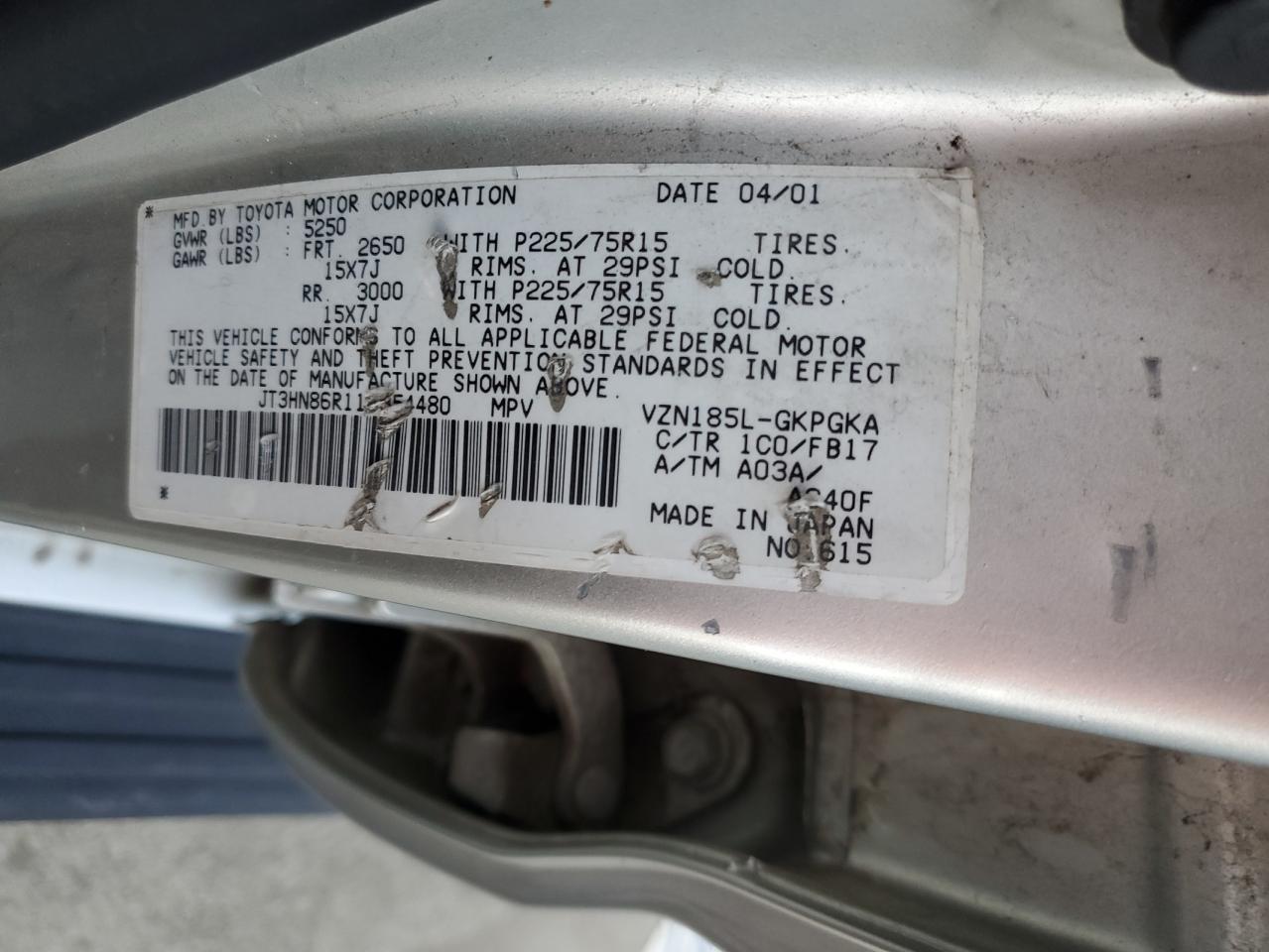 2001 Toyota 4Runner VIN JT3HN86R110354480 Copart auction photo, front end damage thumbnail 13