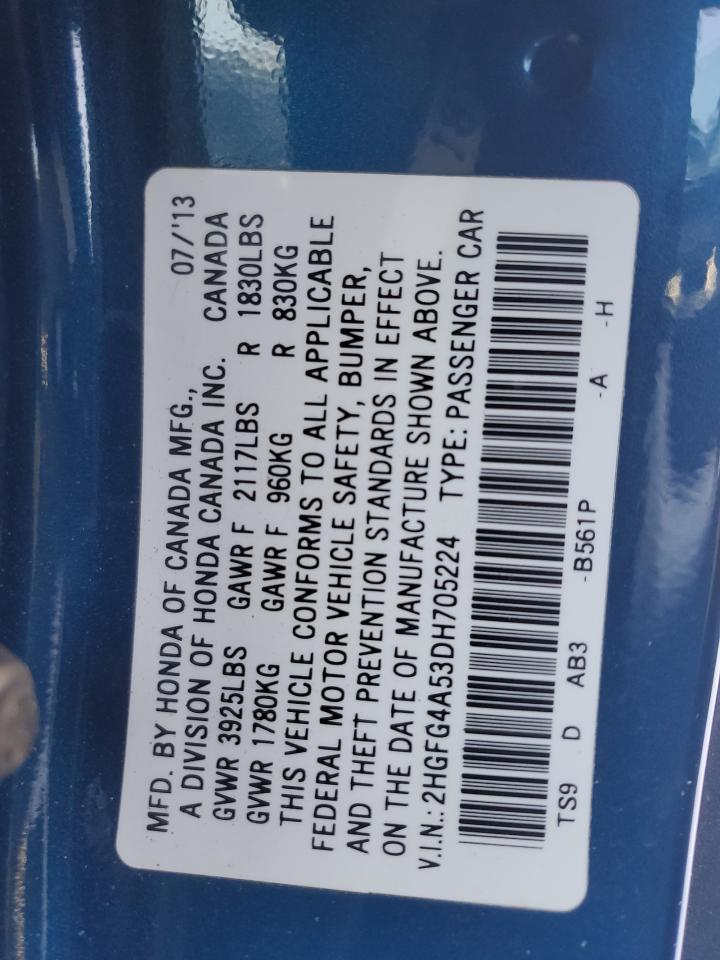 2013 Honda Civic VIN 2HGFG4A53DH705224 Copart auction photo, front end damage thumbnail 12