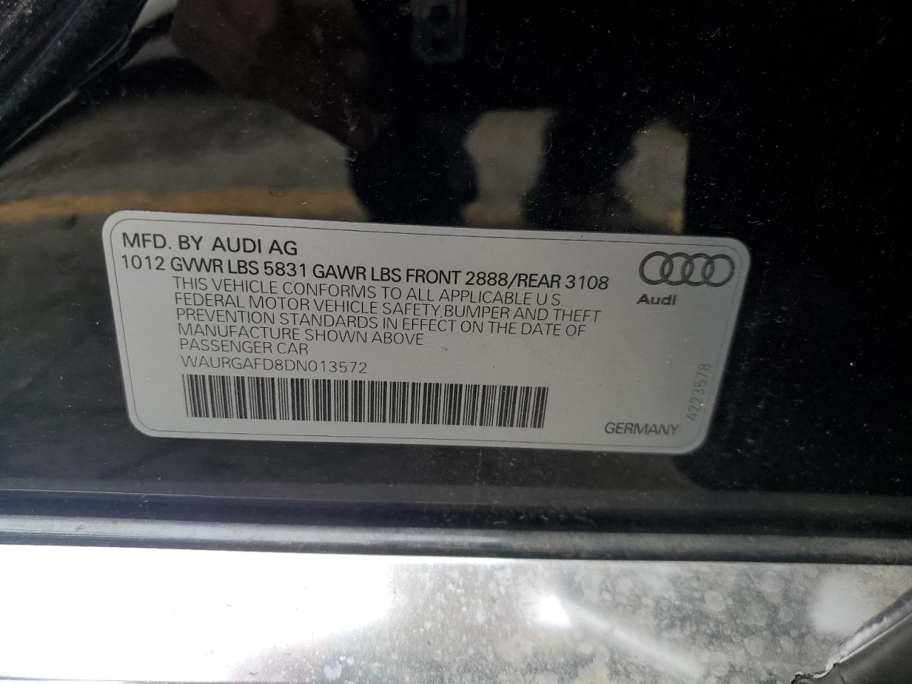 2013 Audi A8 VIN WAURGAFD8DN013572 Copart auction photo, front end / side damage thumbnail 12