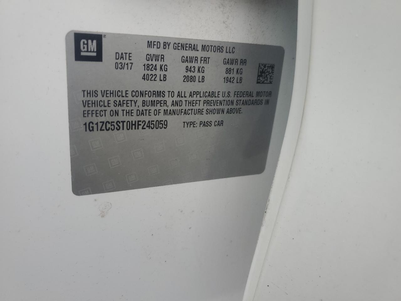 2017 Chevrolet Malibu VIN 1G1ZC5ST0HF245059 Copart auction photo, front end damage thumbnail 12
