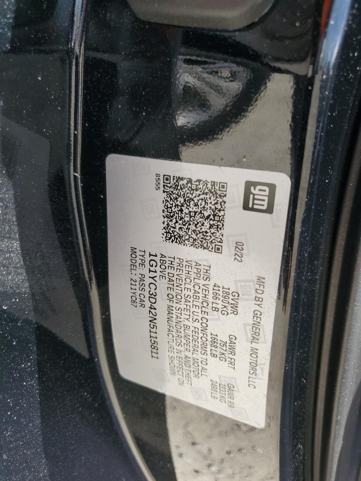 2022 Chevrolet Corvette VIN 1G1YC3D42N5115811 Copart auction photo, water/flood damage thumbnail 13