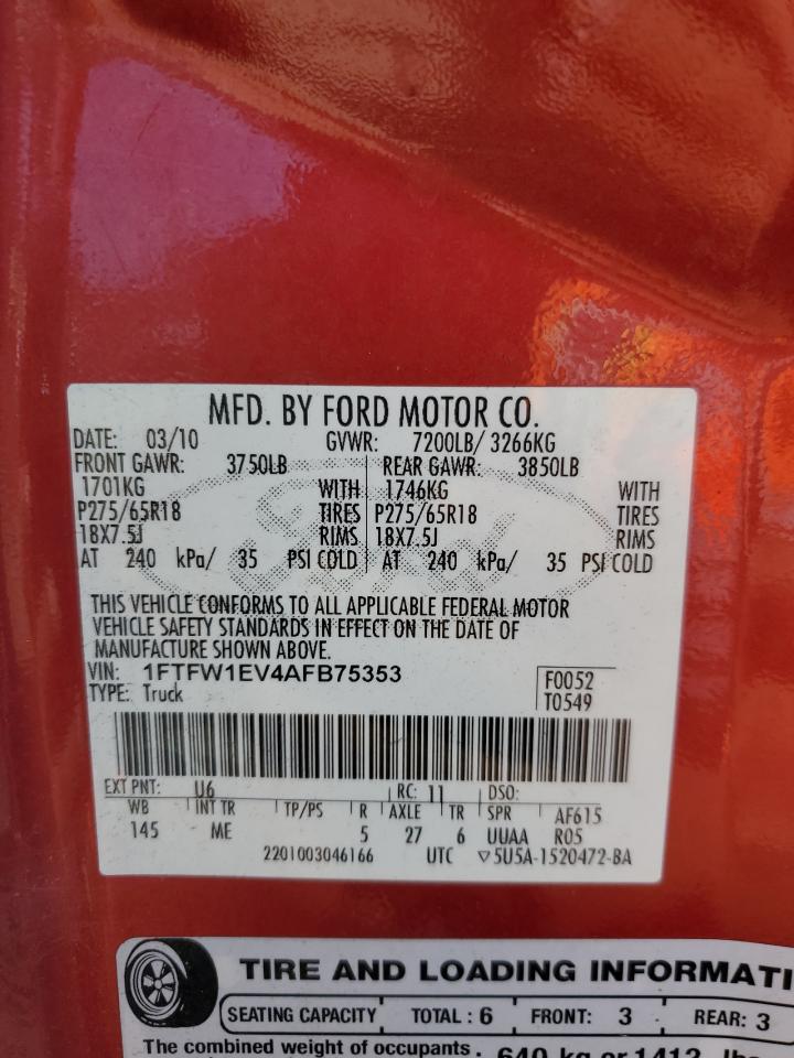 2010 Ford F-150 VIN 1FTFW1EV4AFB75353 Copart auction photo, rear end damage thumbnail 12