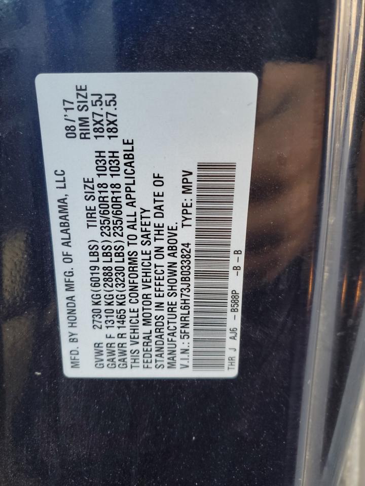 2018 Honda Odyssey VIN 5FNRL6H73JB033824 Copart auction photo, front end / side damage thumbnail 13