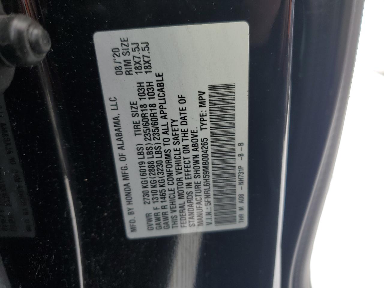 2021 Honda Odyssey VIN 5FNRL6H59MB004265 Copart auction photo, side damage thumbnail 13