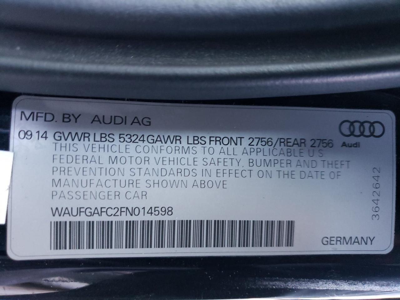 2015 Audi A6 VIN WAUFGAFC2FN014598 Copart auction photo, front end / minor dent/scratches damage thumbnail 12