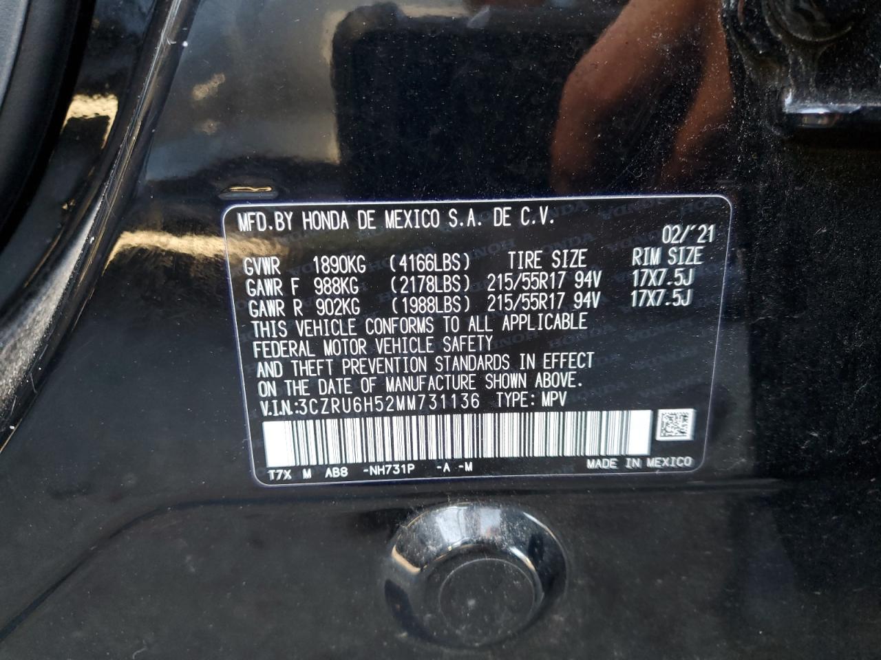 2021 Honda HR-V VIN 3CZRU6H52MM731136 Copart auction photo, front end damage thumbnail 13