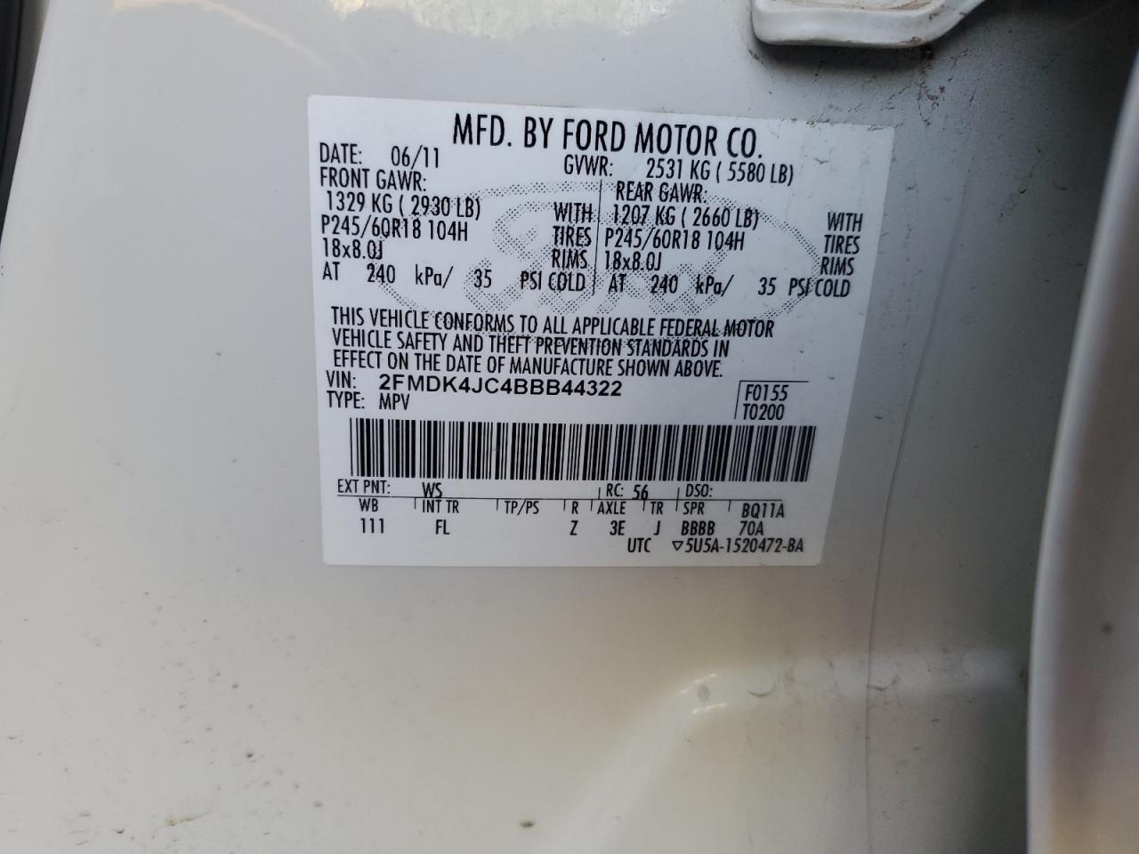 2011 Ford Edge VIN 2FMDK4JC4BBB44322 Copart auction photo, minor dent/scratches damage thumbnail 12