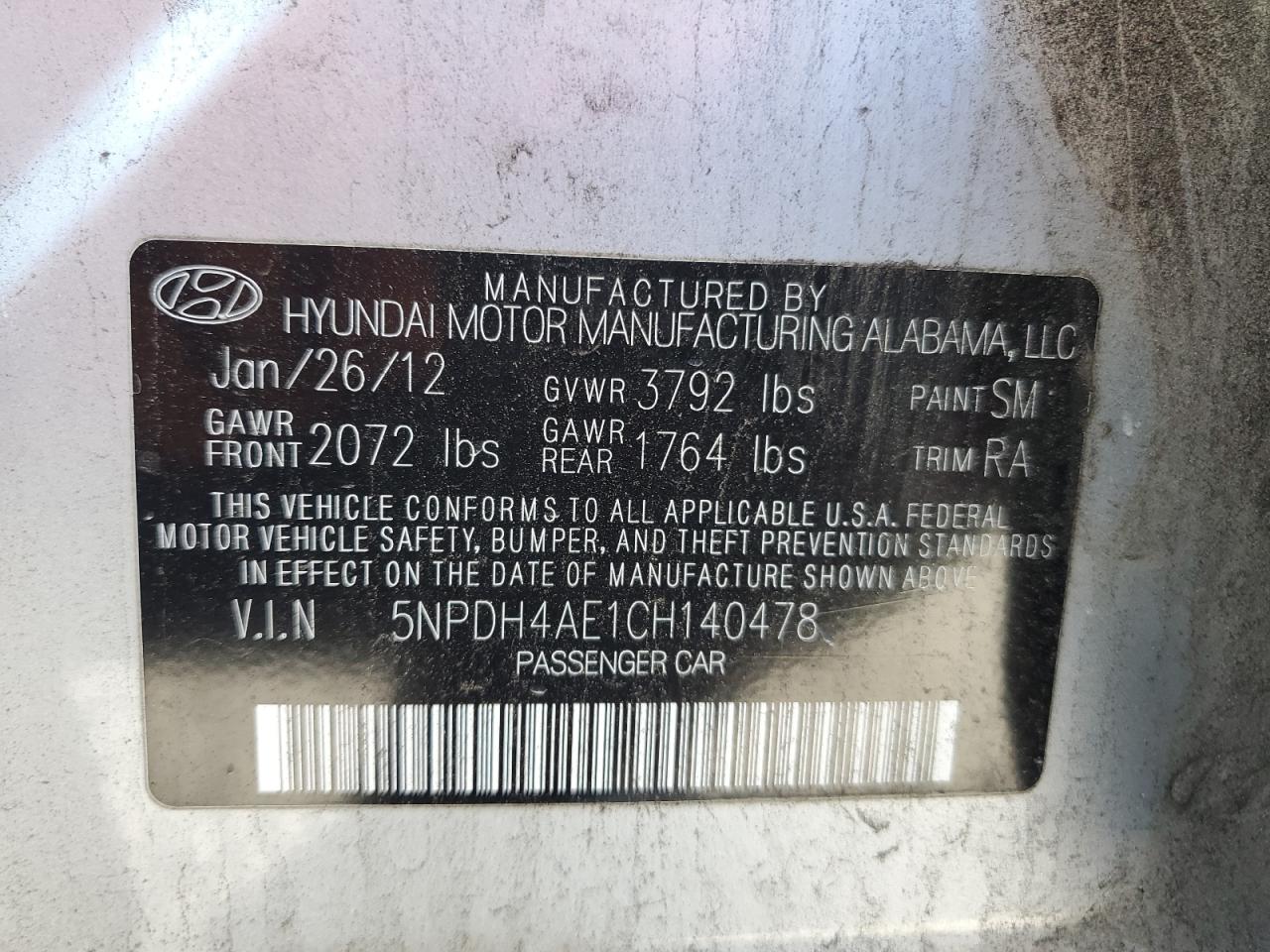 2012 Hyundai Elantra VIN 5NPDH4AE1CH140478 Copart auction photo, side / rear end damage thumbnail 12