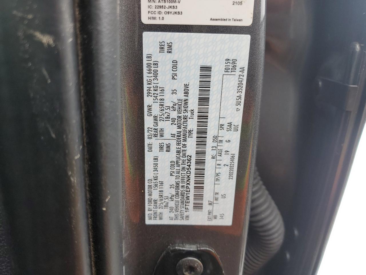 2022 Ford F-150 VIN 1FTEW1EPXNKD54362 Copart auction photo, rear end / minor dent/scratches damage thumbnail 12