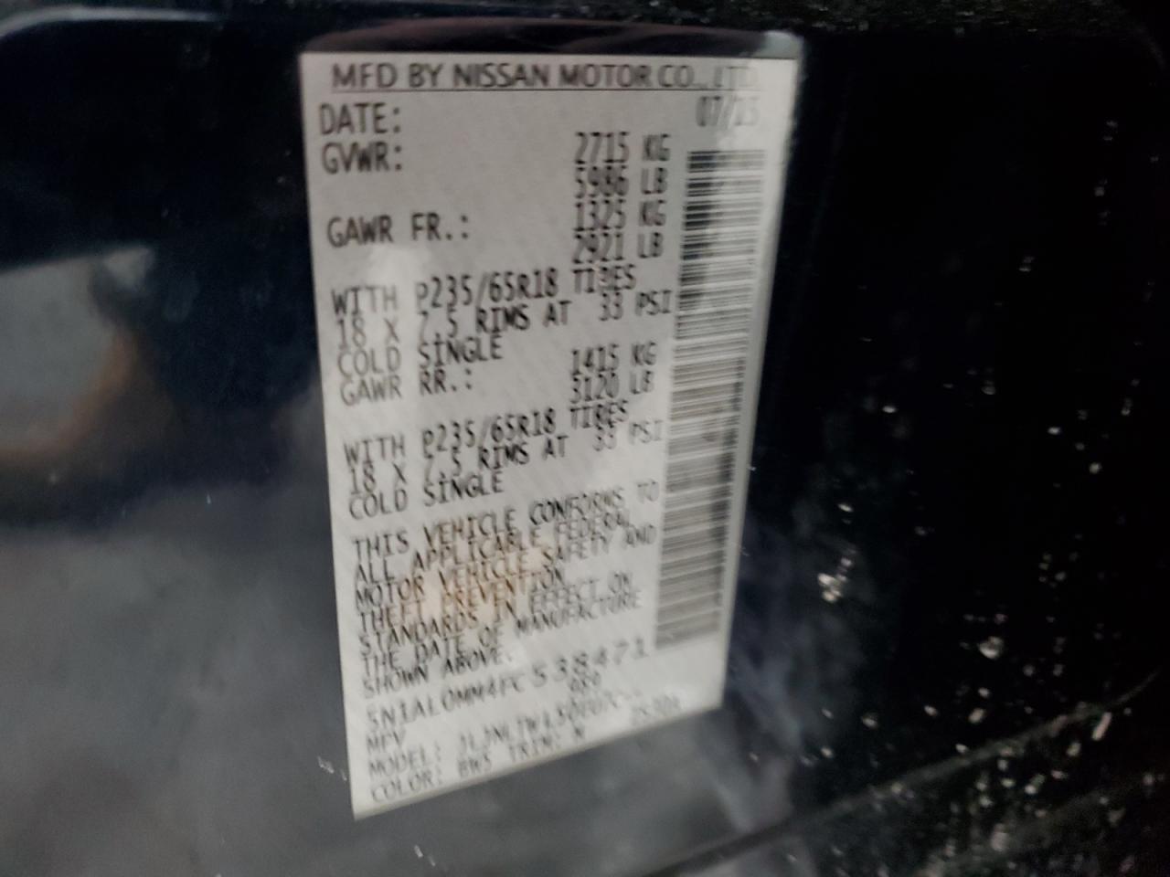 2015 Infiniti QX60 VIN 5N1AL0MM4FC538471 Copart auction photo, side damage thumbnail 15