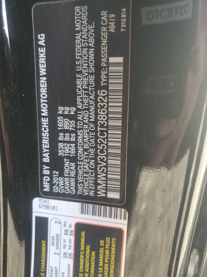 2012 MINI Cooper VIN WMWSV3C52CT386326 Copart auction photo, mechanical damage thumbnail 12