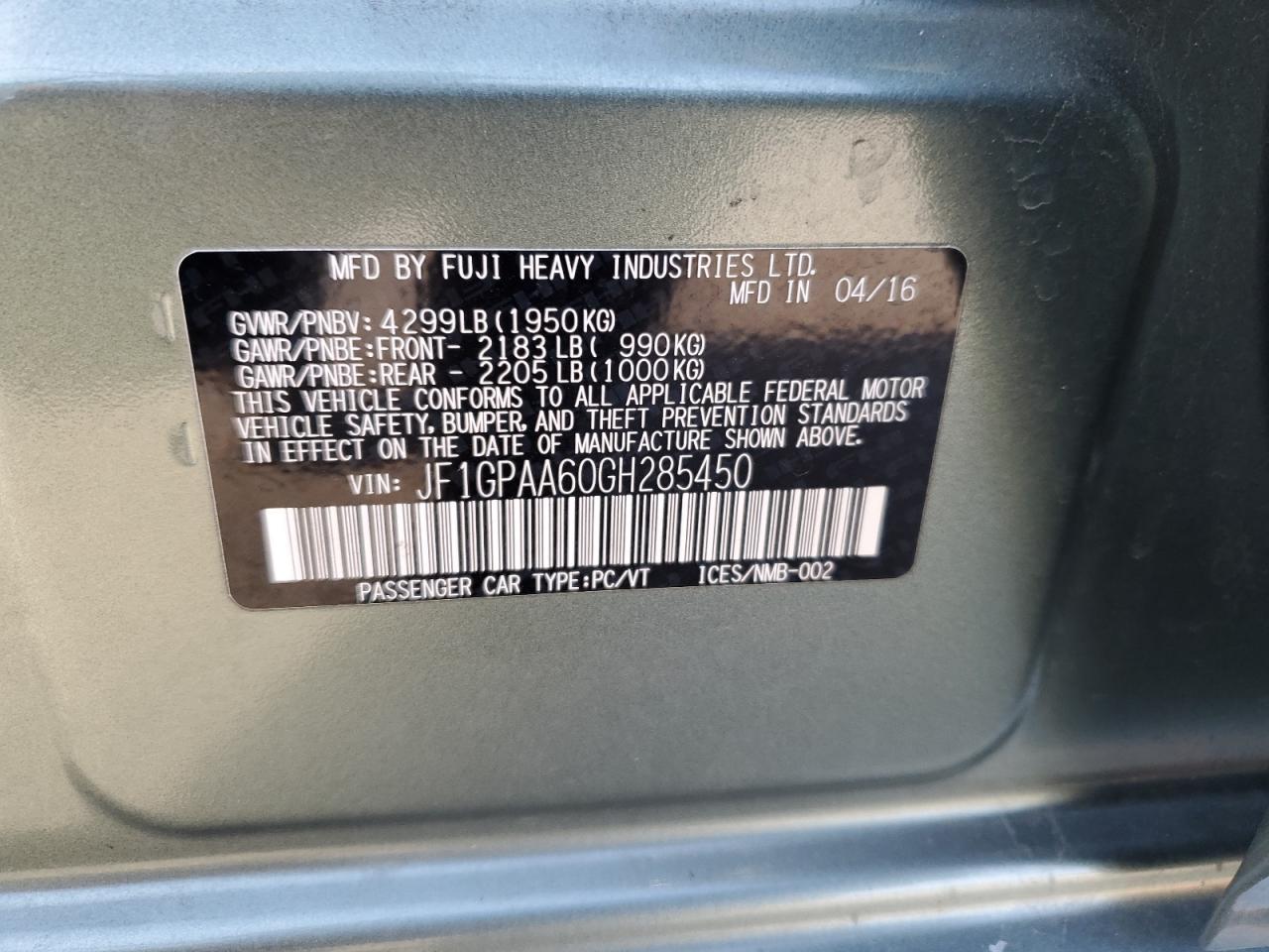 2016 Subaru Impreza VIN JF1GPAA60GH285450 Copart auction photo, rear end damage thumbnail 12