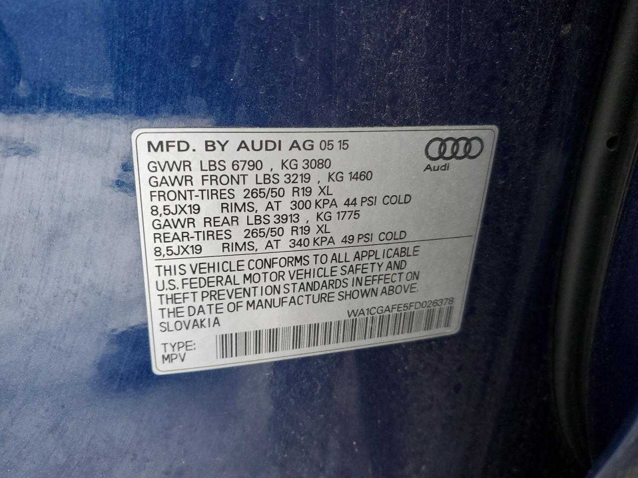 2015 Audi Q7 VIN WA1CGAFE5FD026378 Copart auction photo, side / front end damage thumbnail 14