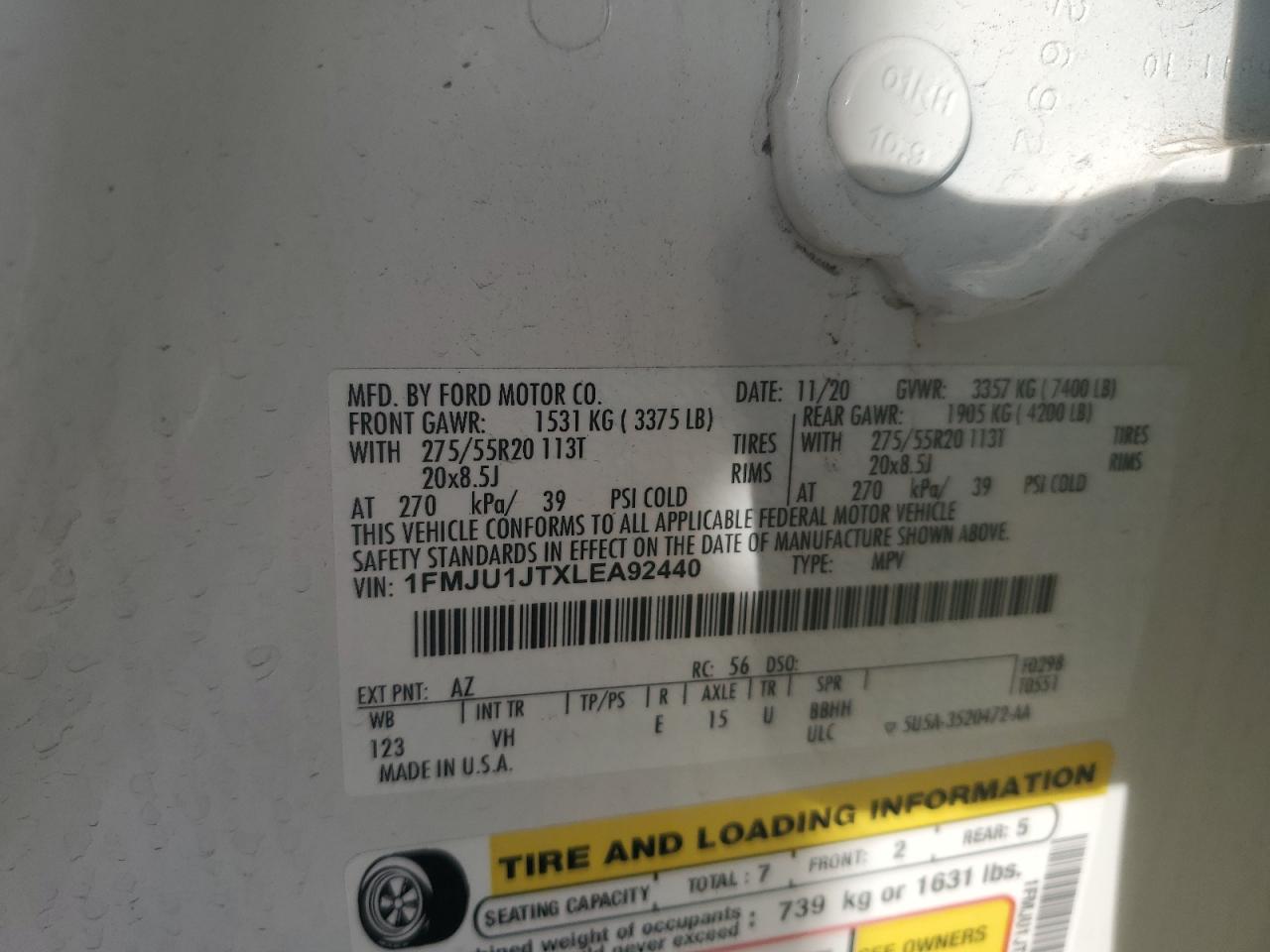 2020 Ford Expedition VIN 1FMJU1JTXLEA92440 Copart auction photo, front end / side damage thumbnail 15