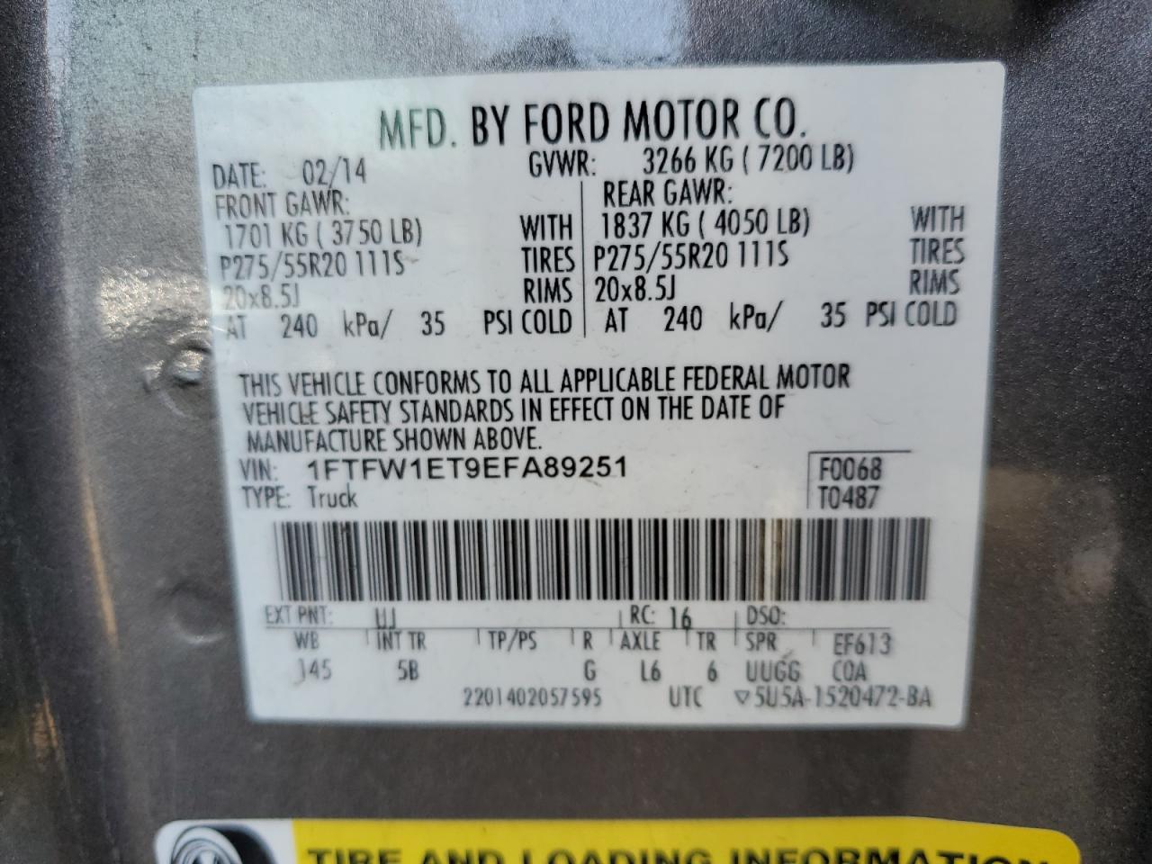 2014 Ford F-150 VIN 1FTFW1ET9EFA89251 Copart auction photo, rear end damage thumbnail 12
