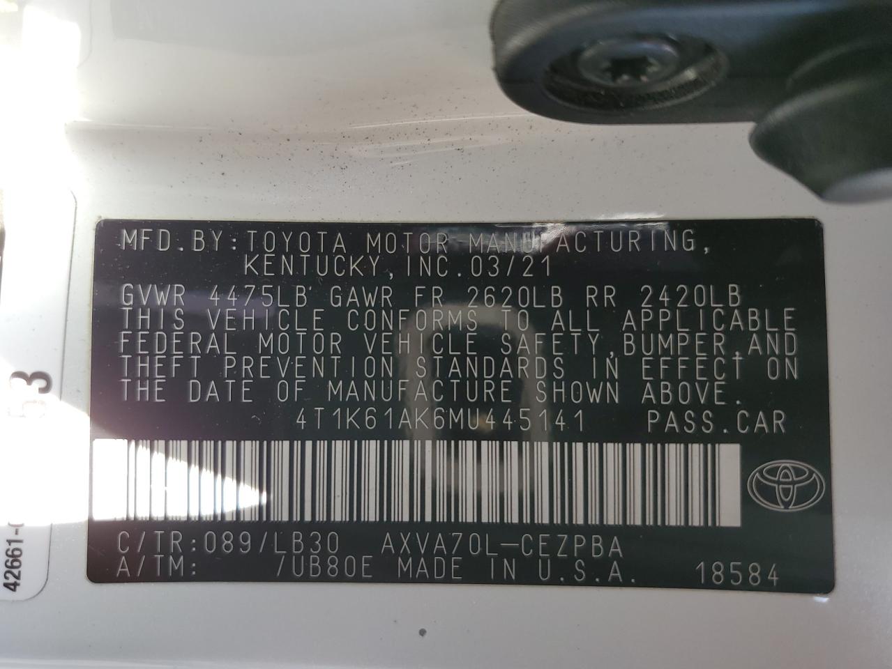 2021 Toyota Camry VIN 4T1K61AK6MU445141 Copart auction photo, front end / minor dent/scratches damage thumbnail 14