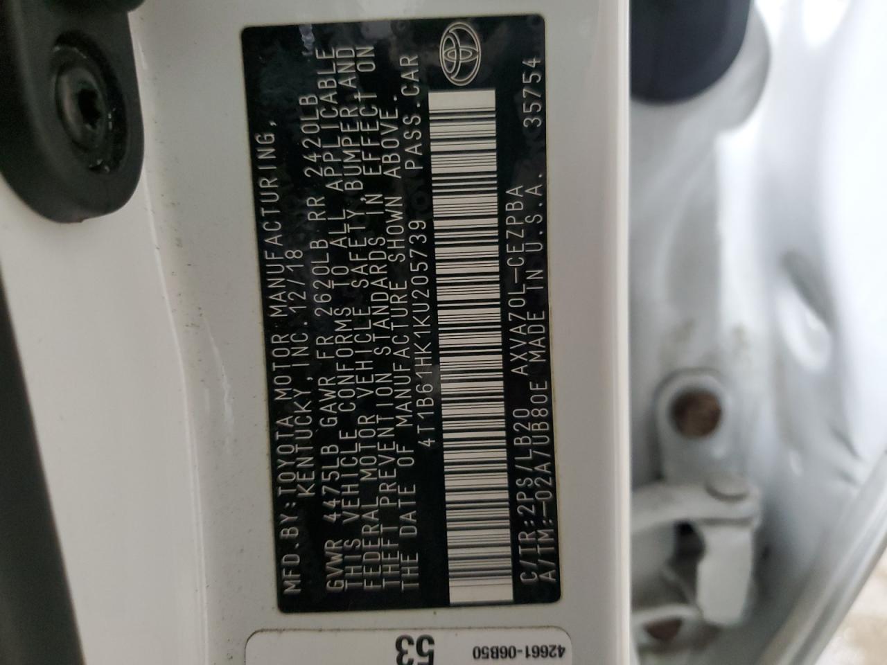 2019 Toyota Camry VIN 4T1B61HK1KU205739 Copart auction photo, side / minor dent/scratches damage thumbnail 12