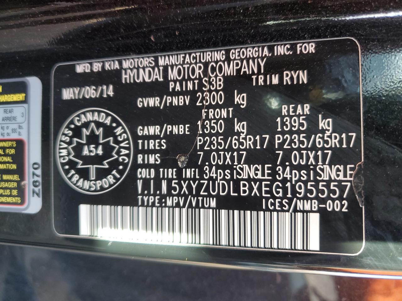 2014 Hyundai Santa Fe VIN 5XYZUDLBXEG195557 Copart auction photo, hail / minor dent/scratches damage thumbnail 13