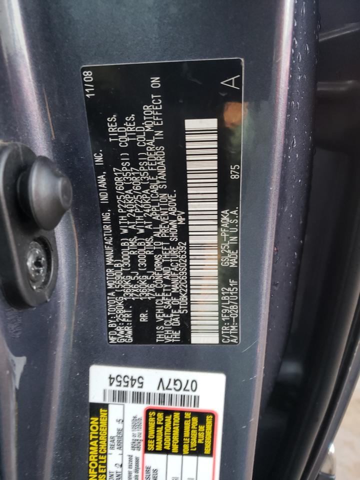 2009 Toyota Sienna VIN 5TDBK22C69S026392 Copart auction photo, rear end / minor dent/scratches damage thumbnail 13