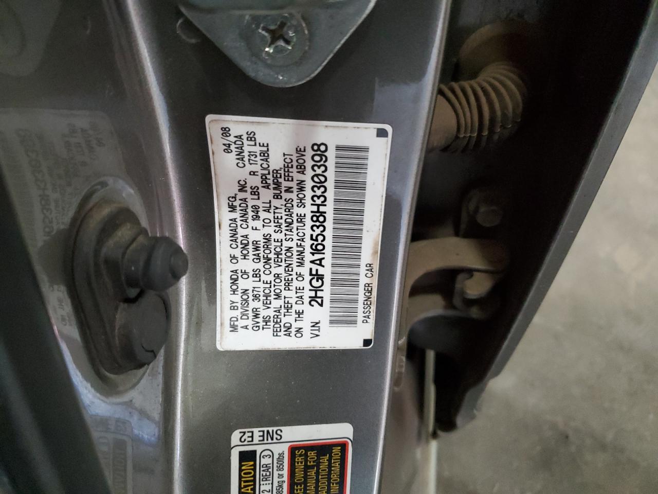 2008 Honda Civic VIN 2HGFA16538H330398 Copart auction photo, front end / minor dent/scratches damage thumbnail 14