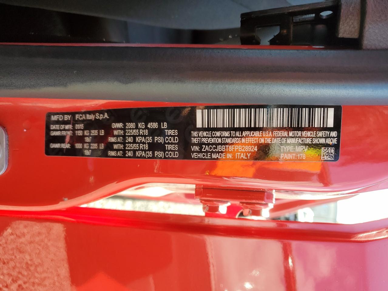 2015 Jeep Renegade VIN ZACCJBBT8FPB28924 Copart auction photo, rear end damage thumbnail 15