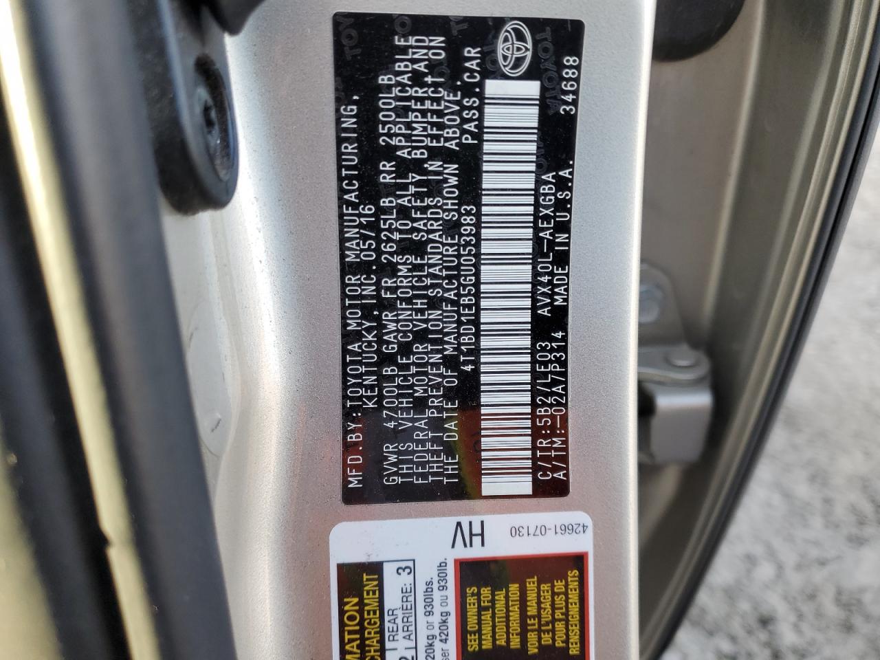 2016 Toyota Avalon VIN 4T1BD1EB5GU053983 Copart auction photo, front end damage thumbnail 12